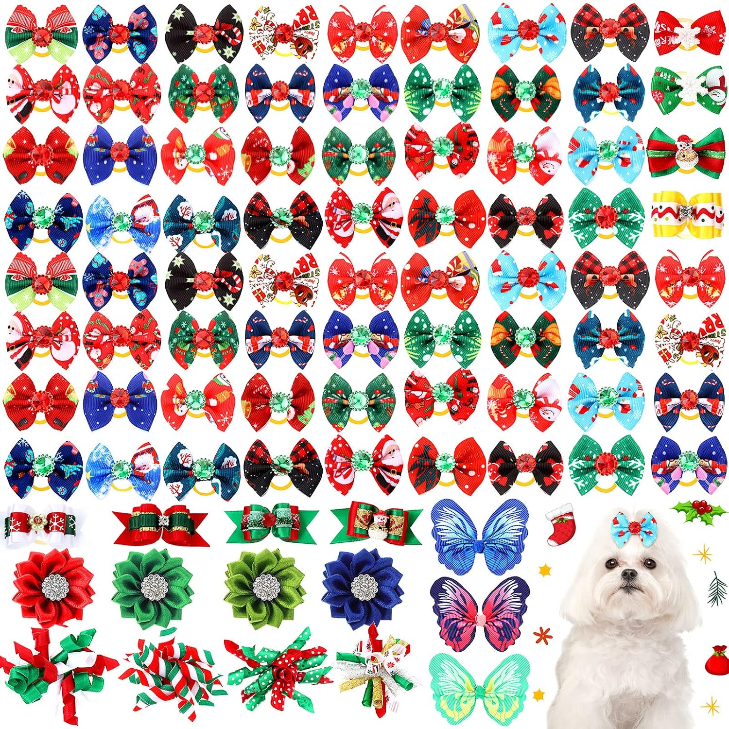 100 Pieces Christmas Dog Hair Bows with Rubber Bands Christmas Snowman Bows Puppy Butterfly Topknot Flower Grooming Bowknot Pet Hair Accessories for Dogs Cats Puppy Kitten Grooming Accessory