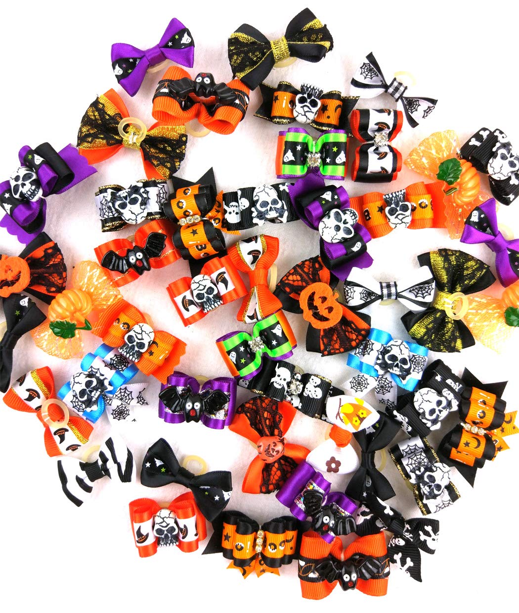 50pcs Pack Pet Dog Cat Halloween Hair Bows Rhinestone Puppy Grooming Bows Hair Accessories with Rubber Bands