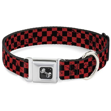 Buckle-Down Checker Weathered Black Red Dog Collar Bone Dog Accessory, Wide Small 13-18