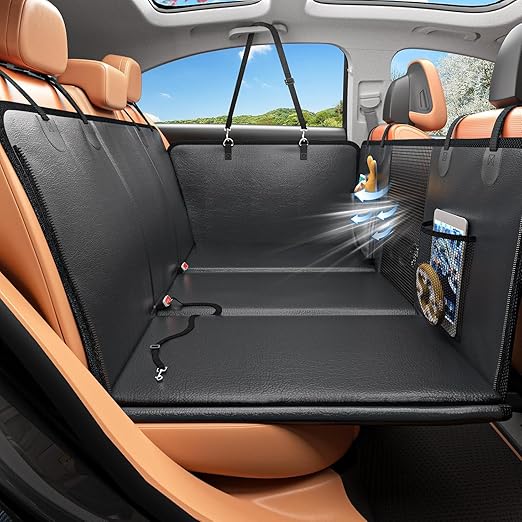 Dog Car Seat Extender with Hard Bottom and Mesh Window, Waterproof Backseat Protector for Car, SUV, Truck Travel and Camping (Black, PU Leather)