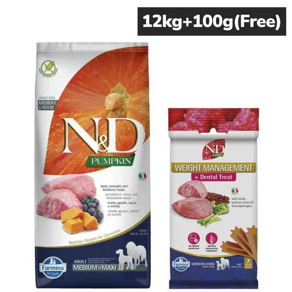 Farmina N&D Pumpkin Lamb & Blueberry Grain Free Dry Food with Treats for Adult Medium Maxi Dog 12KG + 100gm
