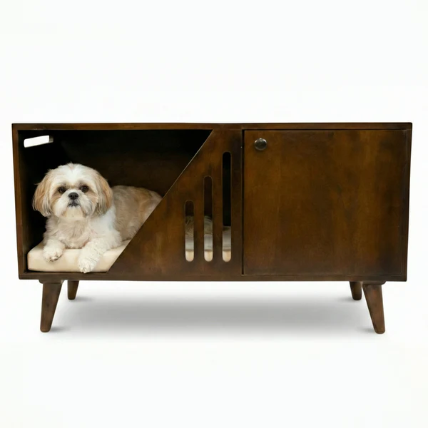 FurryLiving Benji Cabinet with Cushion for Small Dogs and Cats (Dark Brown- Cream Cushion)