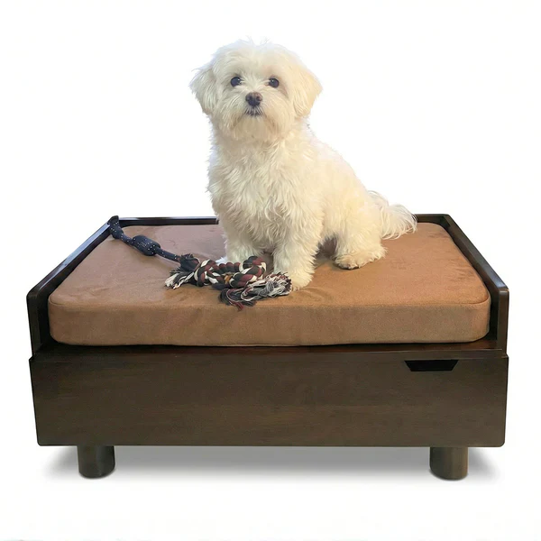 FurryLiving Hibachi Bed with Storage for Dogs (Dark Brown-Brown Cushion) M30X18X14in