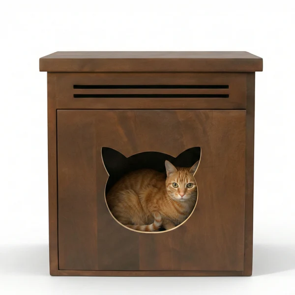 FurryLiving Meraki Cabinet with Cushion for Small Dogs and Cats (Dark Brown- Red Cushion)