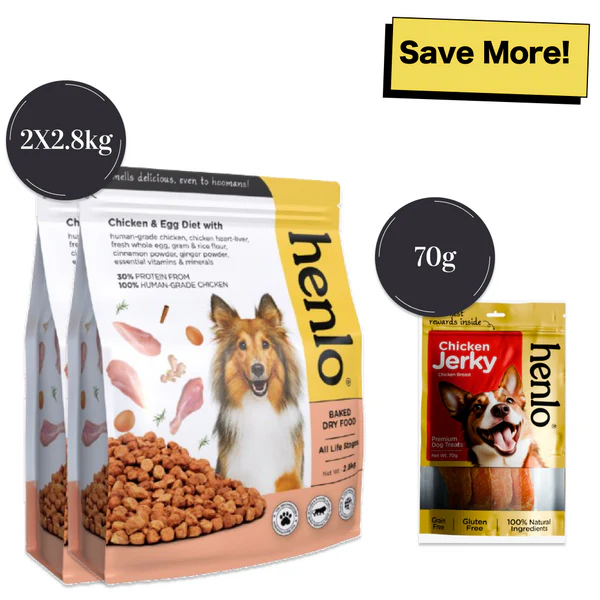 Henlo Chicken and Egg Baked Dry Food for Adult Dogs & Puppies and Chicken Jerky Treats for Dogs Combo 14KG+70G