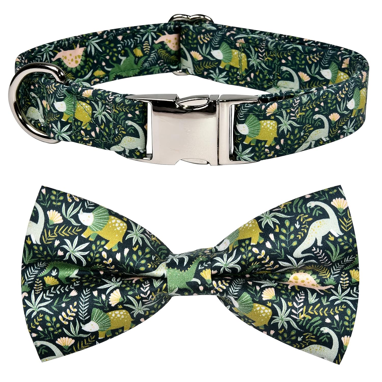 Jungle Dinosaur Dog Bow Tie Dog Collar Accessory, Detachable Bowtie, Adjustable Collar for Small Medium Large Dogs
