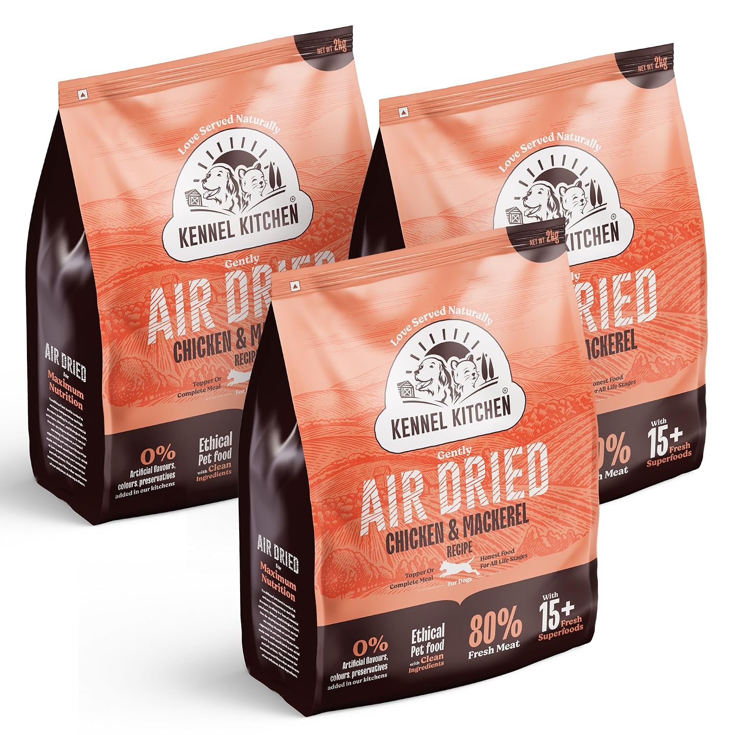Kennel Kitchen Air Dried Dog 2 Chicken & Mackerel Premium Dry Dog Food for Adult & Puppy Kibbles for Dogs with Enhanced Nutrition 3X