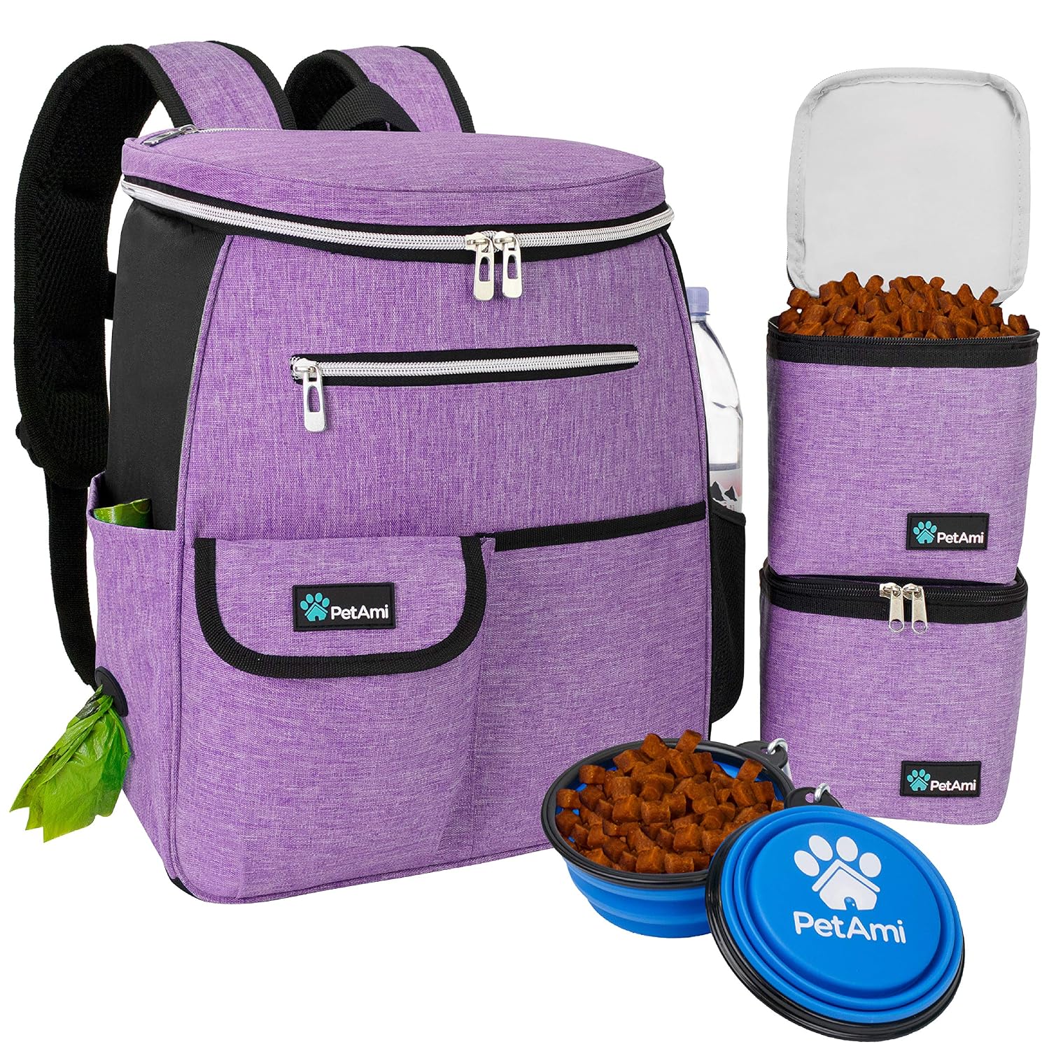 PetAmi Dog Travel Bag Backpack, Airline Approved Dog Bags for Traveling, Puppy Diaper Bag Supplies, Pet Camping Essentials Hiking Accessories Dog Mom Gift, Food Container, Collapsible Bowls, Purple