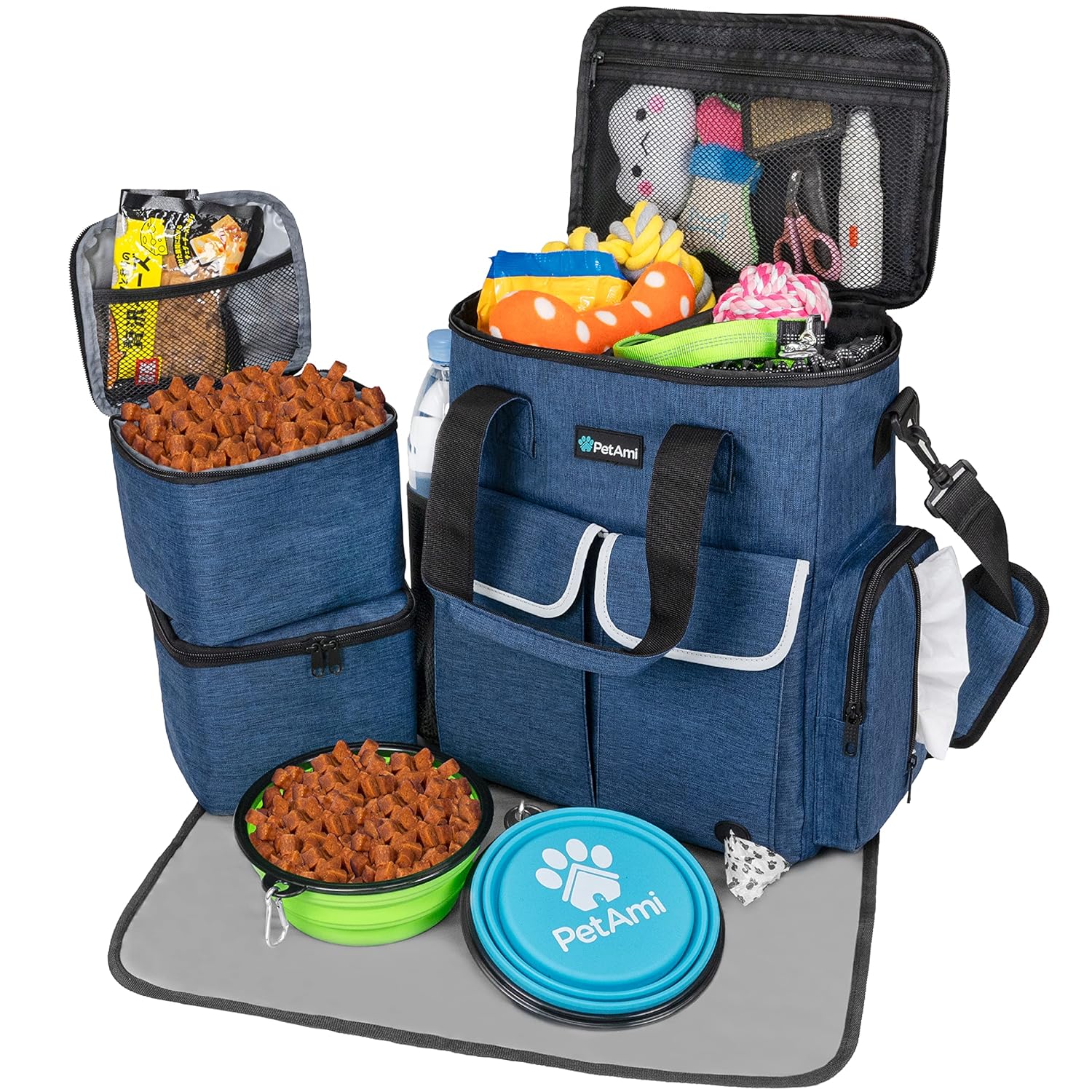 PetAmi Dog Travel Bag Pet Supplies Accessories Organizer for Traveling, Camping, Weekend; Cat Pet Travel Bag Kit Includes 2 Food Storage Containers, 2 Collapsible Bowls, 1 Feeding Mat (Navy Blue)