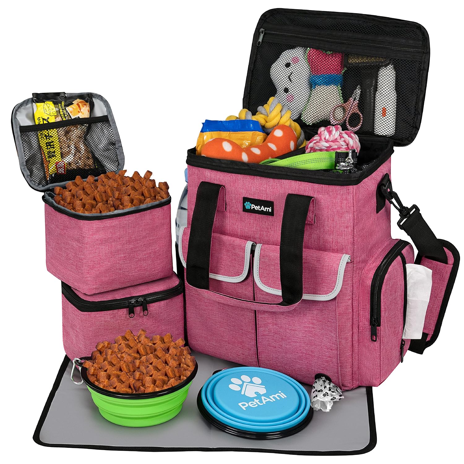 PetAmi Dog Travel Bag Pet Supplies Accessories Organizer for Traveling, Camping, Weekend; Cat Pet Travel Bag Kit Includes 2 Food Storage Containers, 2 Collapsible Bowls, 1 Feeding Mat (Pink)