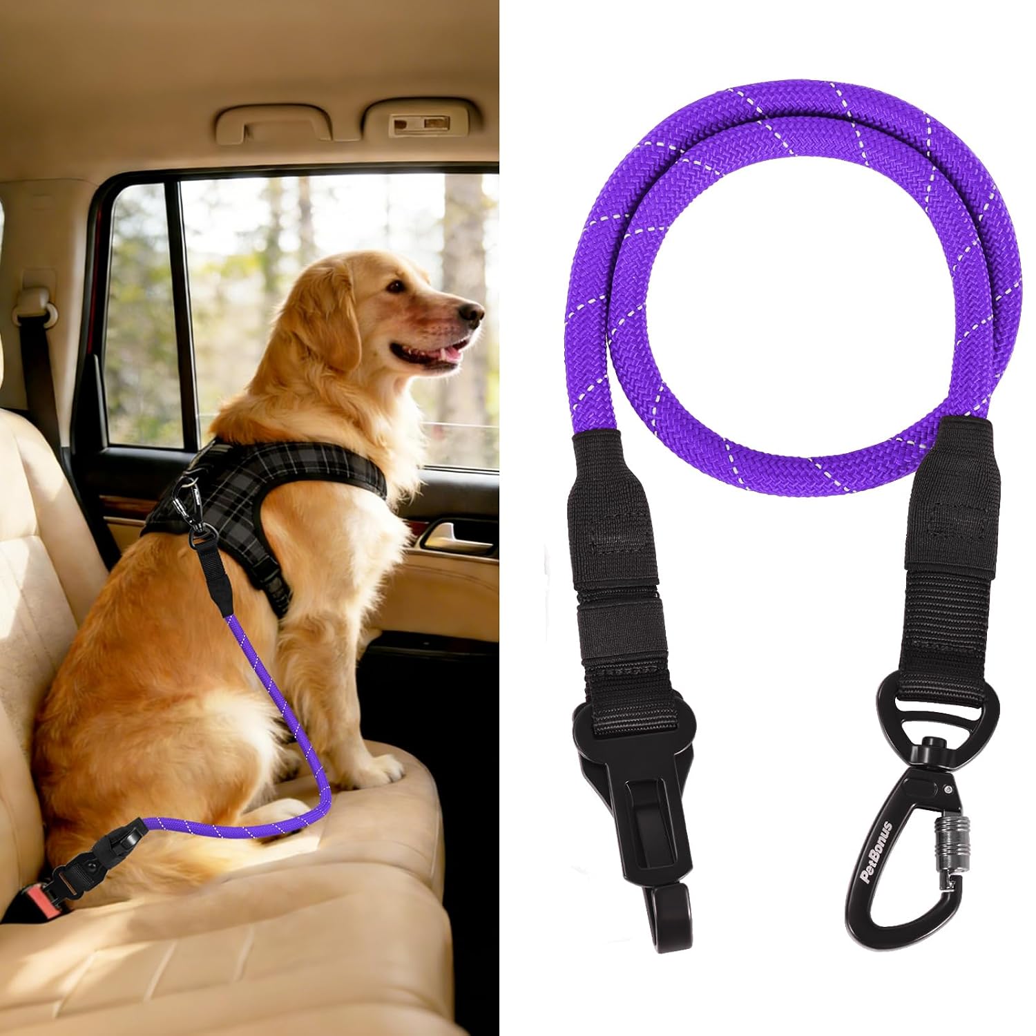 PetBonus Dog Seat Belt for Car, Durable Rope Dog Car Harness Seatbelt for Vehicle, Pet Tether Safety Restraint with Heavy Duty Buckle Hook Latch Lockable Clip for Small Medium Large Breeds (Purple)