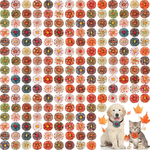 Silkfly 200 Pcs Fall Dog Collar Flowers Charms Bulk Thanksgiving Pet Flower Collar Bow Ties Holiday Dog Accessories Grooming Supplies Puppy Bows Slides Attachment for Small Medium Large Dogs Cat