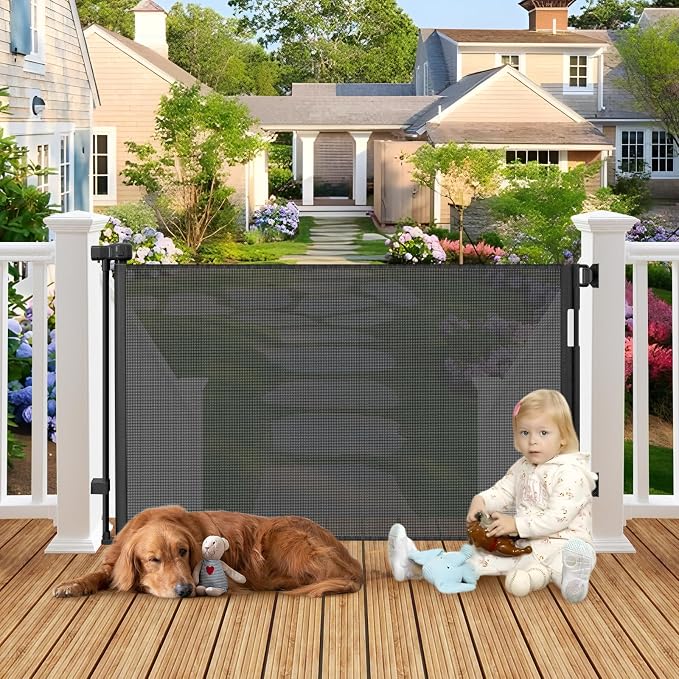 Weaterproof Outdoor Retractable Gate for Dogs with Anti-Rust Accessories 55 Wide Outdoor Dog Gate for Deck Retractable Outdoor Fence